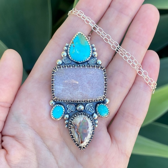 Artisan handmade Turquoise, opal and peach moonstone necklace - Picture 3 of 4